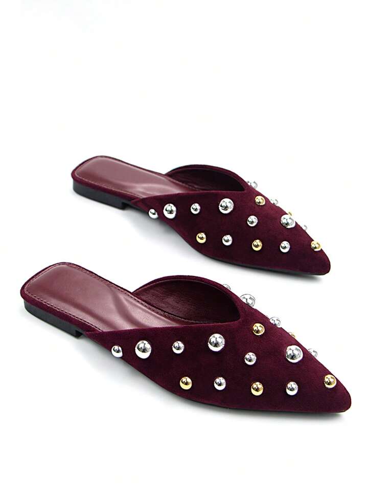CM-SHS830318 Women Trendy Seoul Style Metal Stud Decor Faux Suede Pointed Toe Slip-On Flats - Burgundy