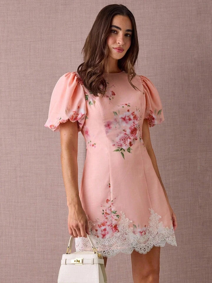 CM-DS460049 Women Elegant Seoul Style Floral Print Round Neck Puff Sleeve Lace Hem Mini Dress - Pink