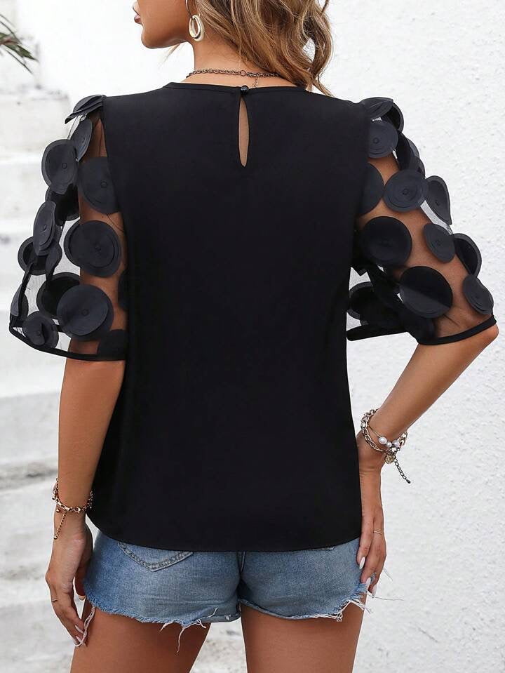 CM-TS179397 Women Casual Seoul Style Round Neck Contrast Mesh Sleeve Blouse - Black