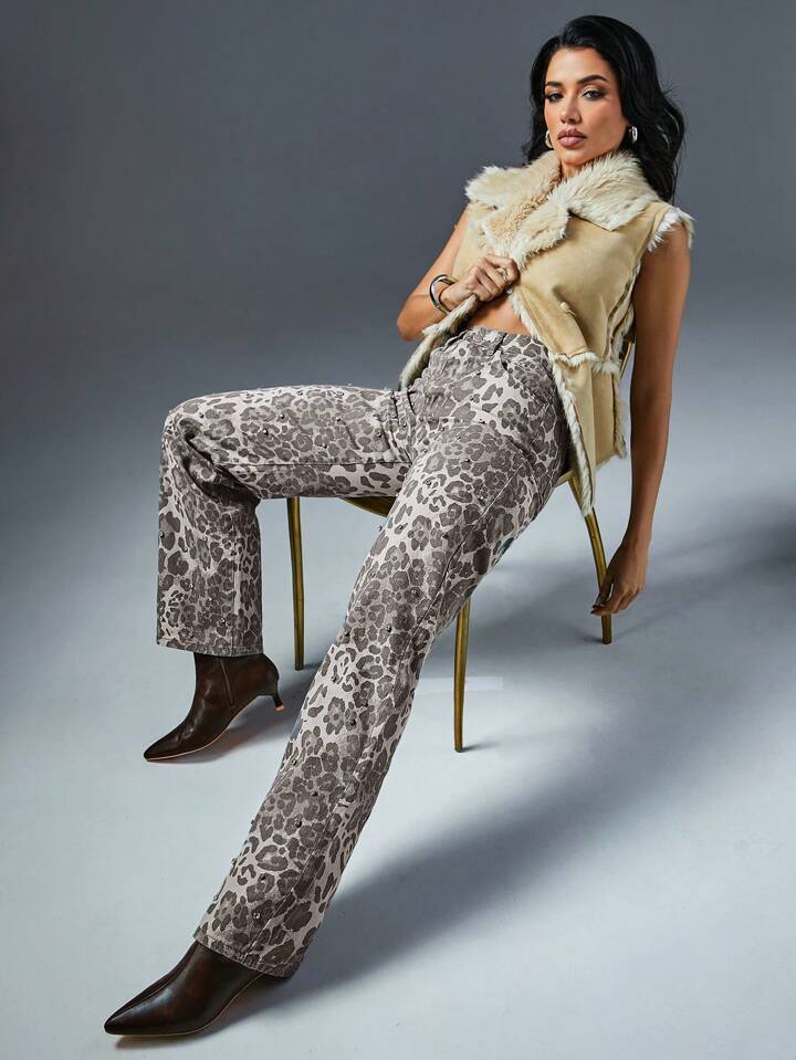 CM-BS433400 Women Casual Seoul Style Rhinestone '90s Wide-Leg Denim Jeans - Gray