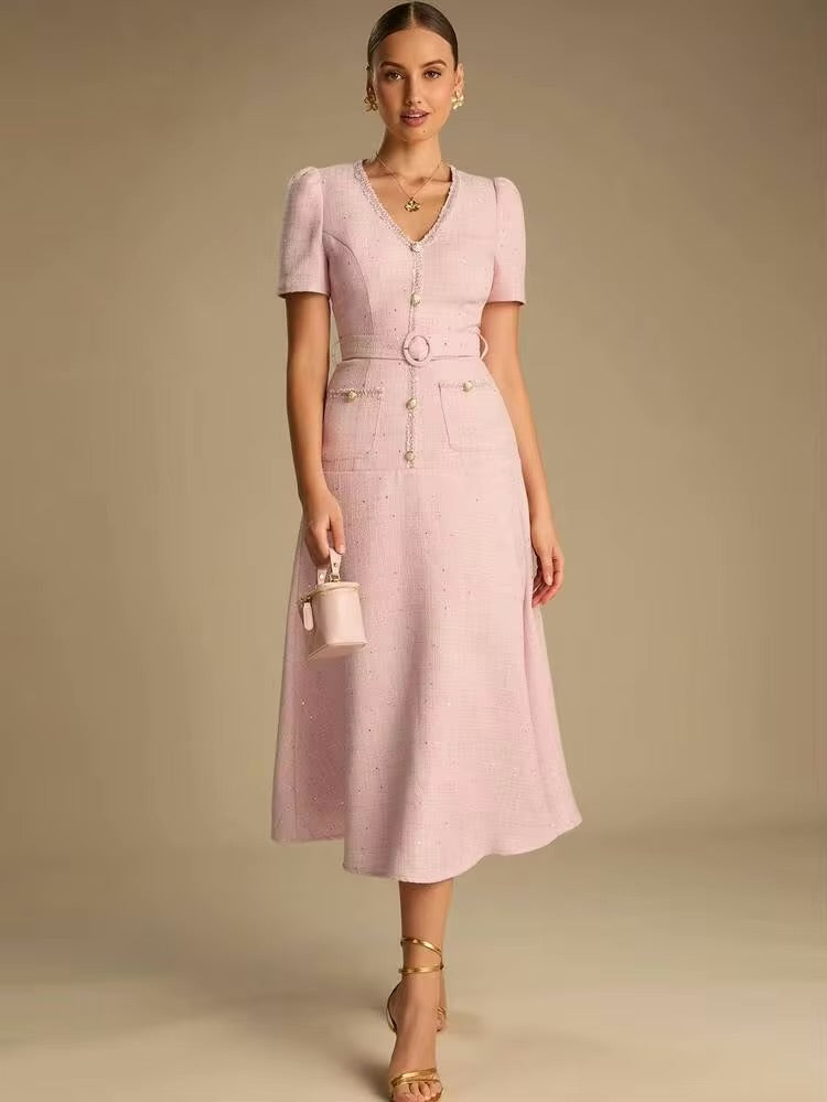 CM-DS427774 Women Elegant Seoul Style V-Neck Short Sleeve Sequin Decoration Belted A-Line Dress - Pink