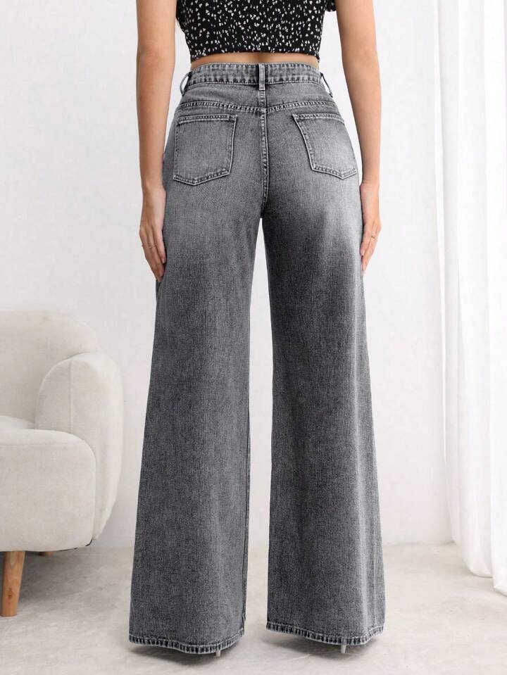 CM-BS603335 Women Elegant Seoul Style Button Front Pocket Loose Wide Leg Jeans - Gray