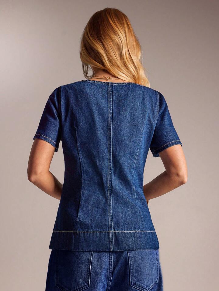 CM-TS718151 Women Casual Seoul Style Collar Neckline Puff Sleeve Single Breasted Denim Top - Blue