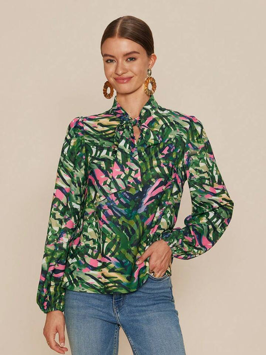 CM-TS340529 Women Casual Seoul Style Tie Neck Tropical Plant Print Long Sleeve Blouse - Green