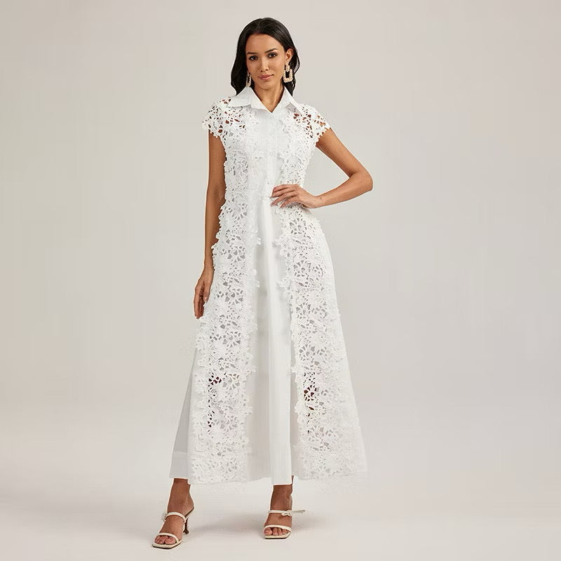 CM-DY044437 Women Elegant European Style Lace Collar Neckline Short Sleeve Splice Long Dress (Available in 2 colors)