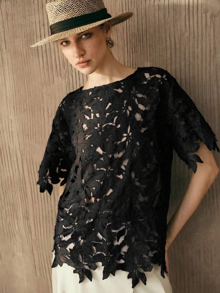 CM-TS052635 Women Trendy Bohemian Style Embroidered Round Neck Short Sleeve Top - Black