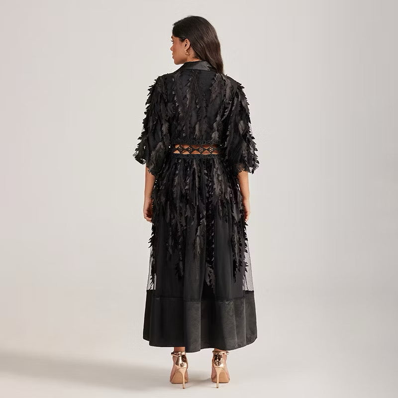 CM-DY055505 Women Elegant European Style Collar Rhinestone Neckline Half Sleeve Hollow Out Long Dress - Black