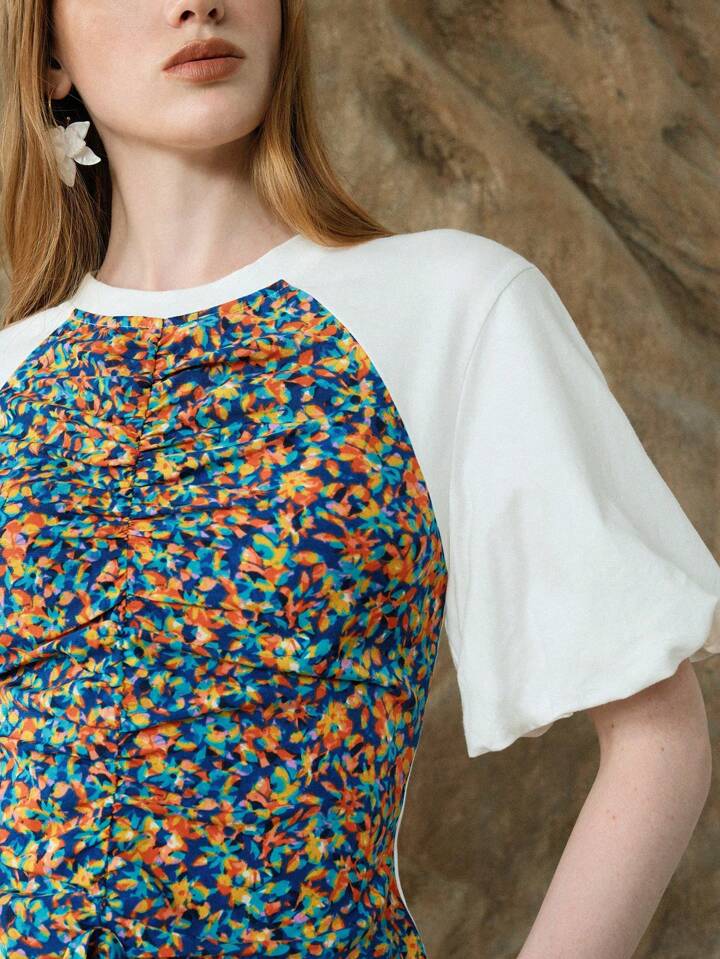 CM-TS240034 Women Casual Seoul Style Round Neck Floral Print Pachwork Puff Sleeve Bowknot T-Shirt