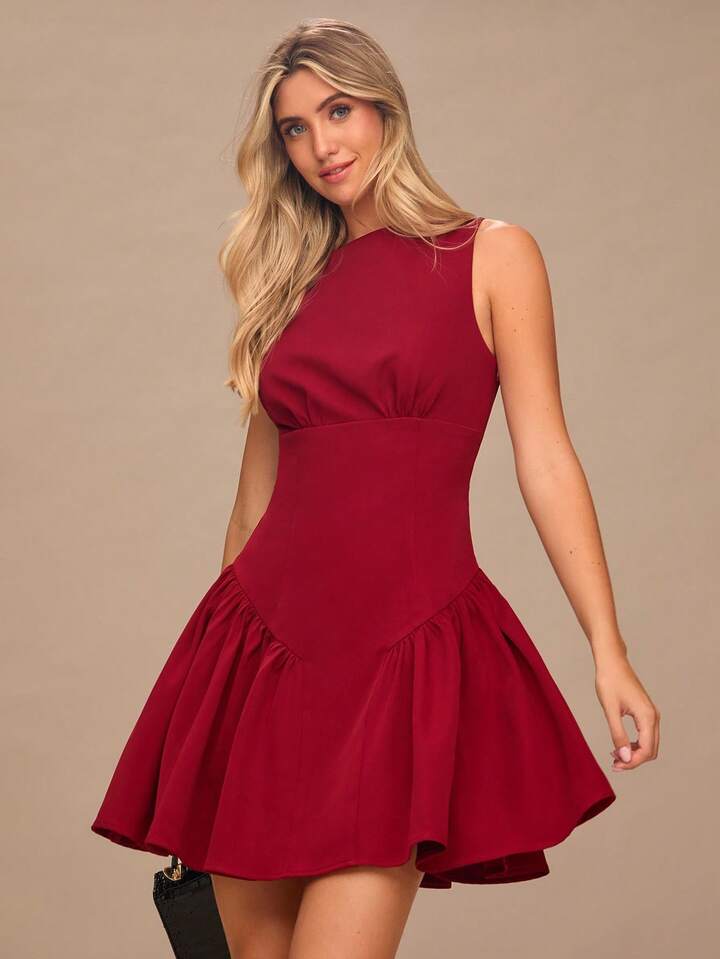 CM-DS334312 Women Elegant Seoul Style Round Neck Sleeveless Pleated Hem Mini Dress - Burgundy