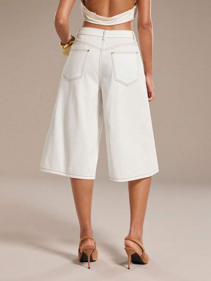 CM-BS133264 Women Casual Seoul Style Mid Waist Pockets Button Wide Leg Jeans - White