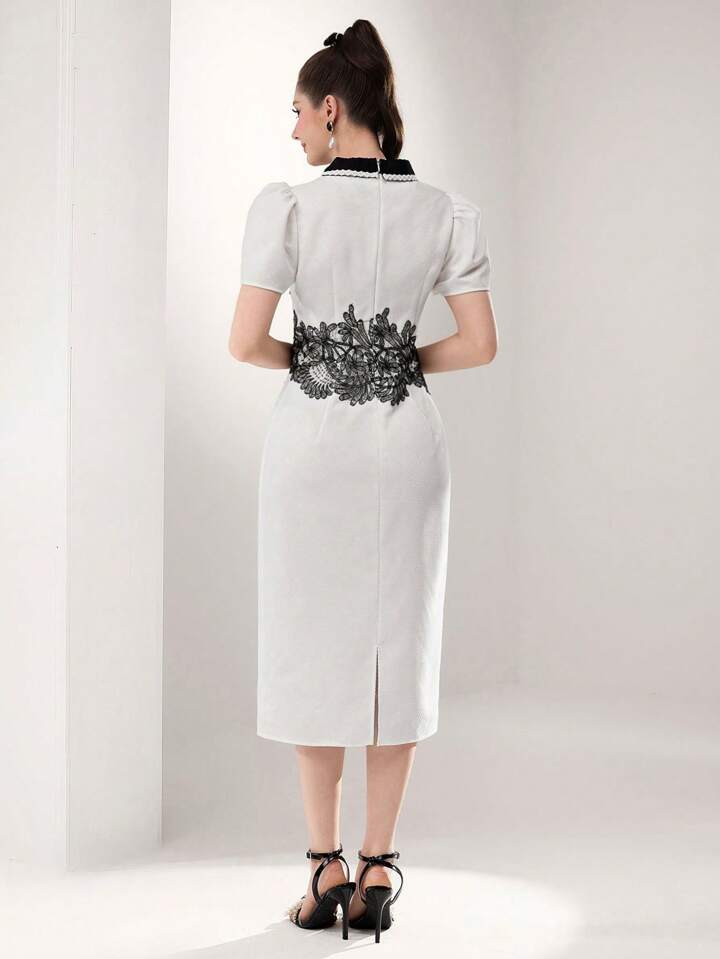 CM-DS226634 Women Casual Seoul Style Contrast Color Collar Ruffled Mid-Length Dress - White