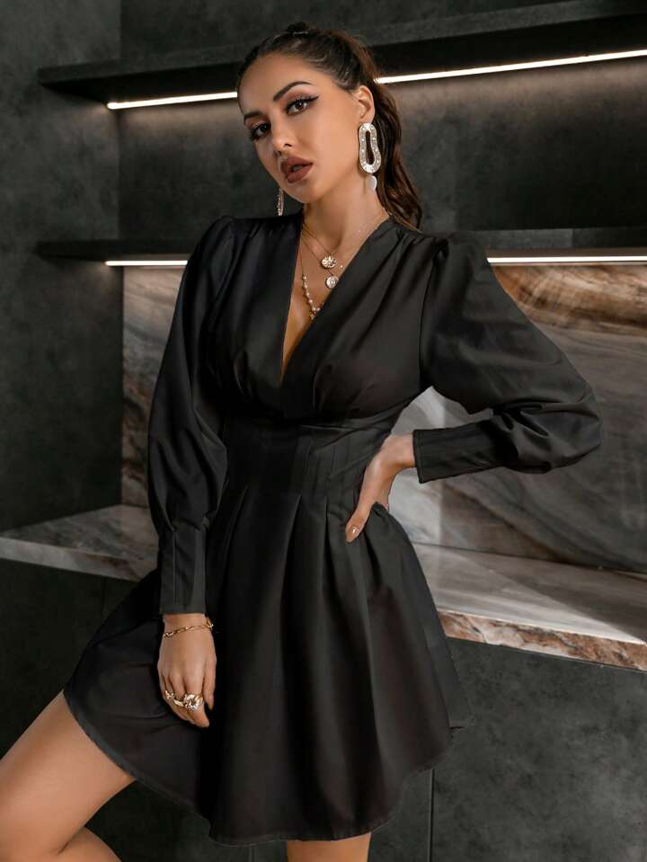 CM-DS107128 Women Elegant Seoul Style Deep V-Neck Irregular Hemline Dress - Black