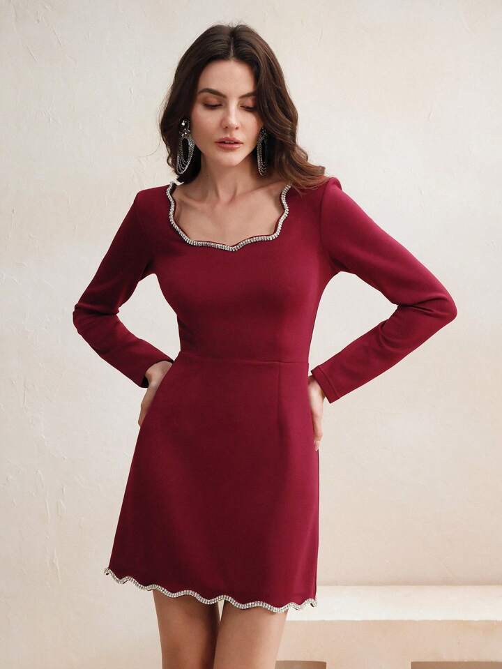 CM-DS463087 Women Elegant Seoul Style Diamond Trim Decor Square Neck Fitted Short Cocktail Dress