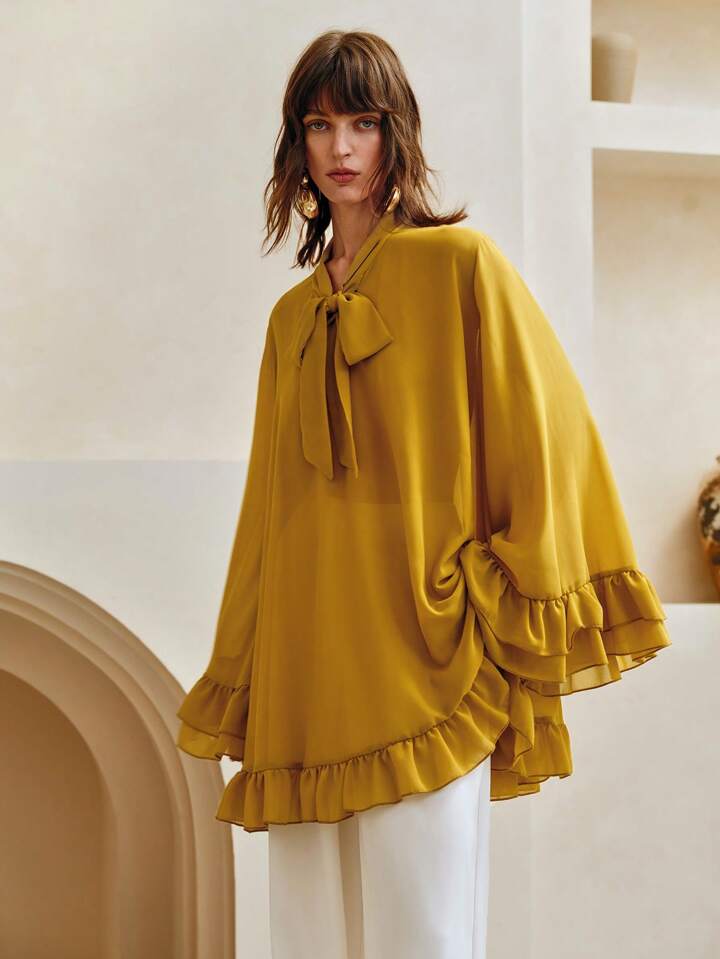 CM-TS466804 Women Elegant Seoul Style Chiffon Ruffle Hem V-Neck Bowknot Long Loose Blouse