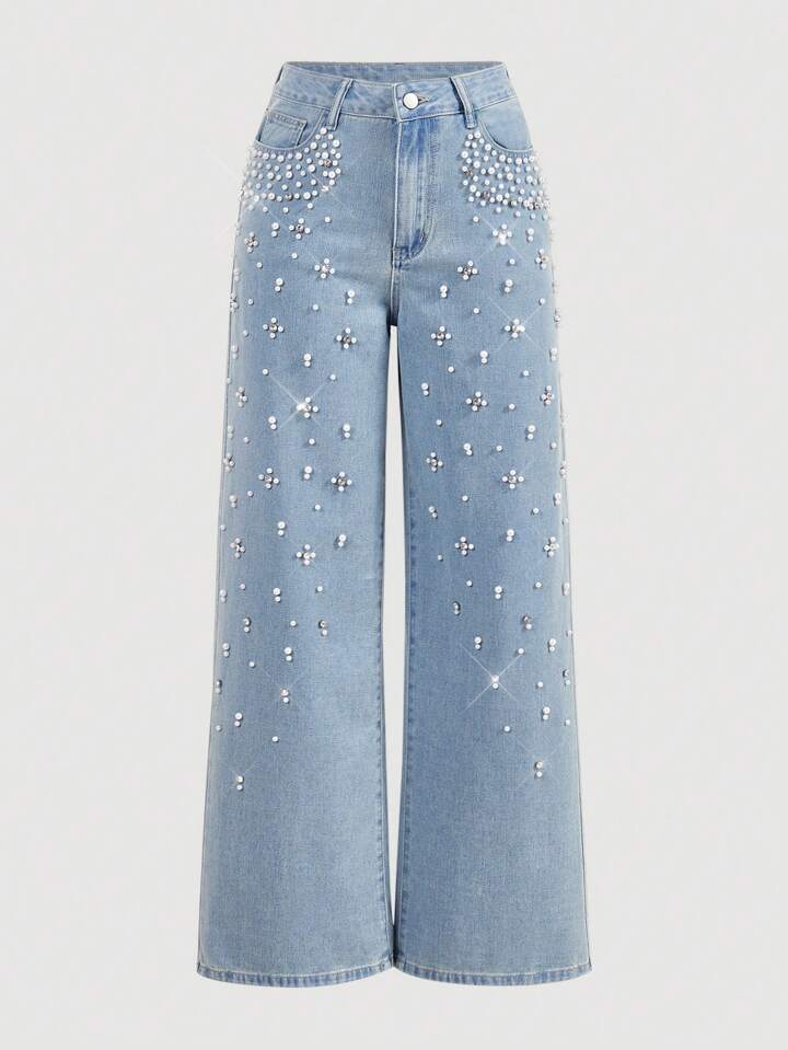 CM-BS445243 Women Casual Seoul Style Pearl Decor Pocket Wide Leg Loose Fit Jeans - Blue