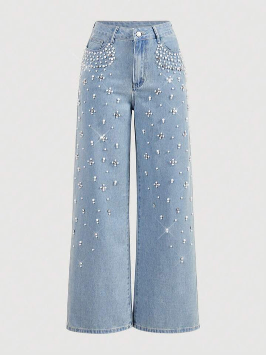 CM-BS445243 Women Casual Seoul Style Pearl Decor Pocket Wide Leg Loose Fit Jeans - Blue