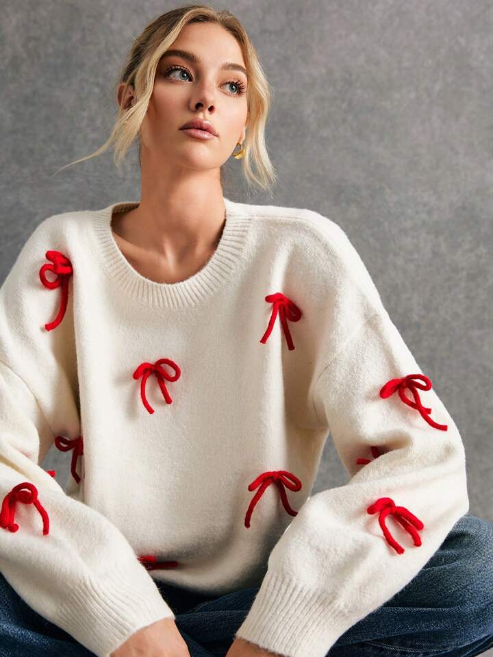 CM-CS571757 Women Casual Seoul Style Round Neck Drop Shoulder Bow Decor Sweater - Apricot