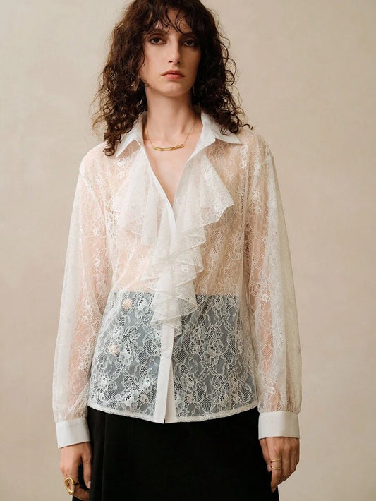 CM-TS382118 Women Elegant Seoul Style Drop Shoulder Lace Collar Placket Frill Decoration Long-Sleeved Shirt - Beige