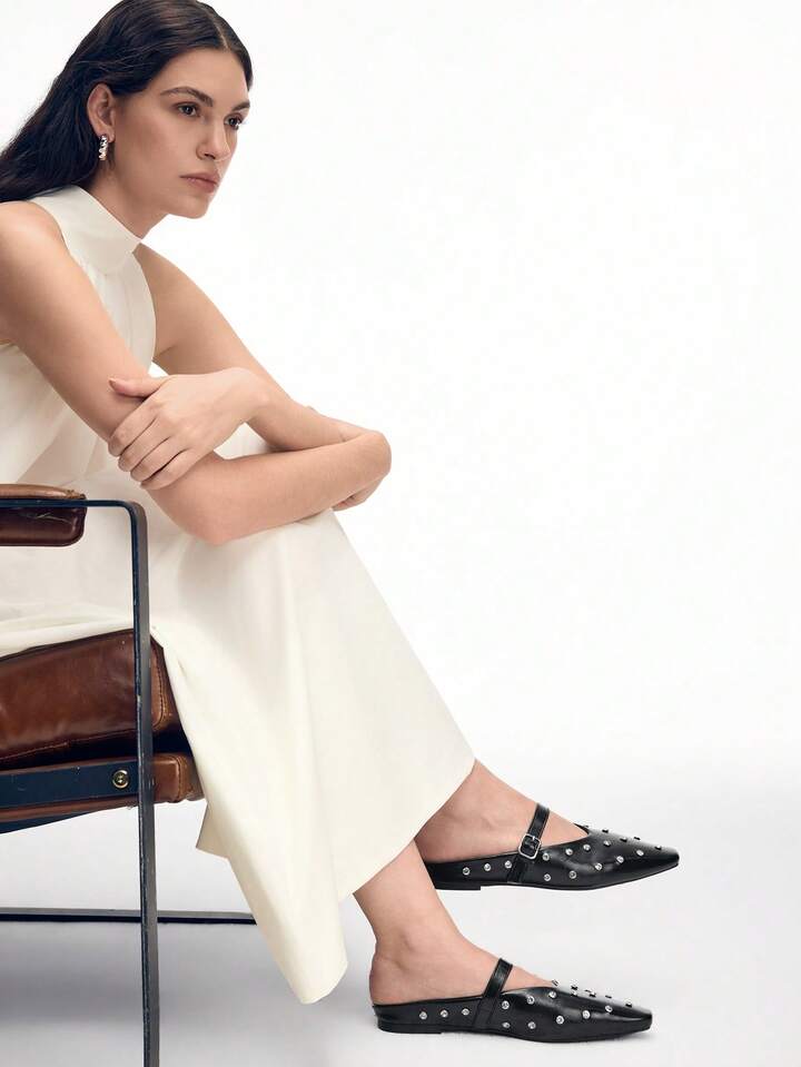 CM-SHS245724 Women Trendy Seoul Style Rhinestone Decor Buckle Flats - Black