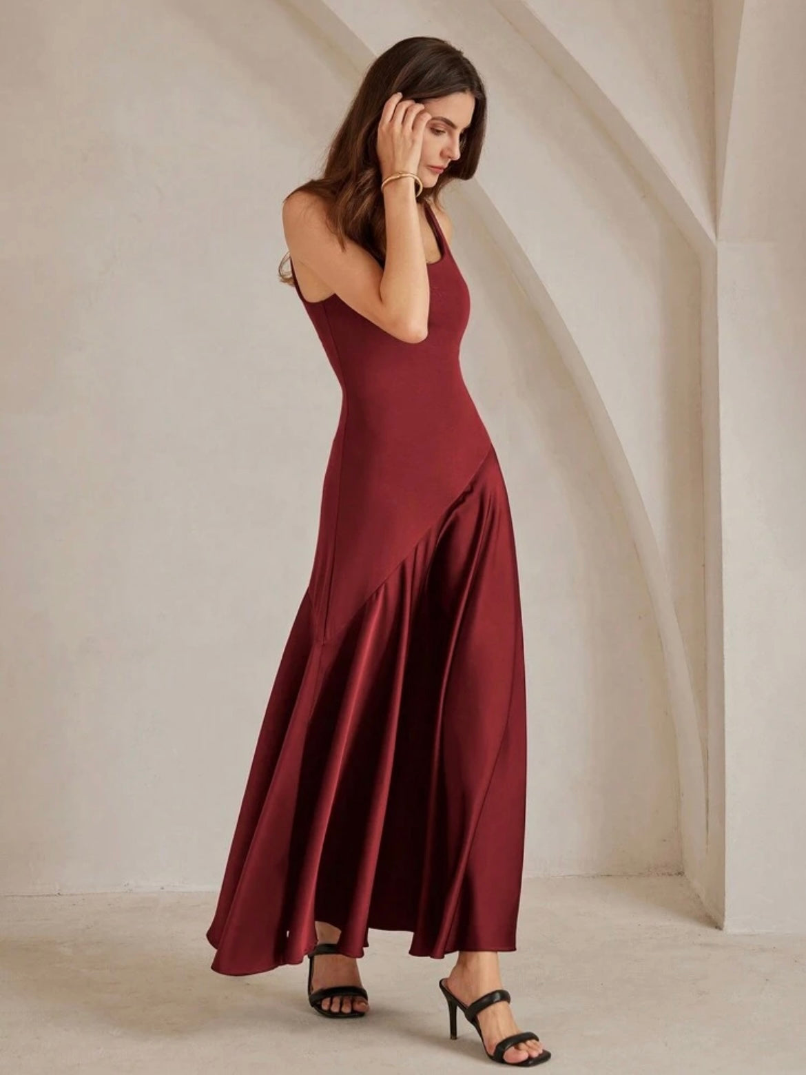 CM-DS076176 Women Elegant Seoul Style Solid Color Minimalist Spaghetti Strap Maxi A-Line Dress - Red