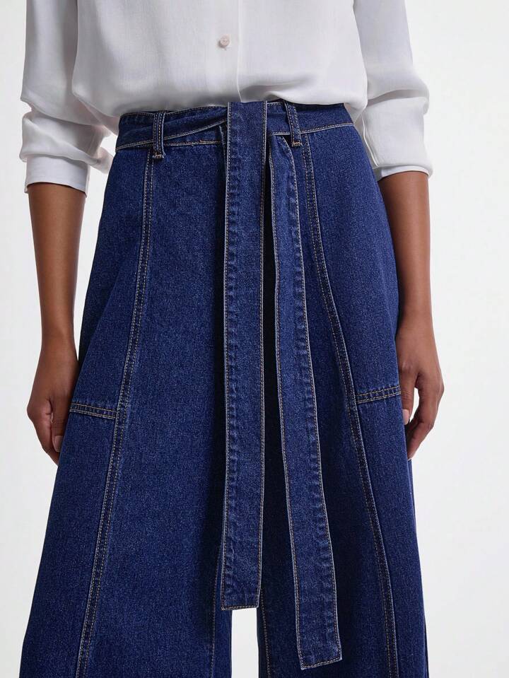 CM-BS001911 Women Casual Seoul Style Dark Wash Knotted Waist Loose Fit Bell Bottom Jeans