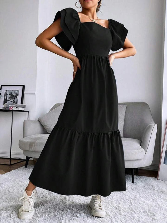 CM-DS620666 Women Trendy Bohemian Style Layered Sleeve Ruffle Hem Dress - Black