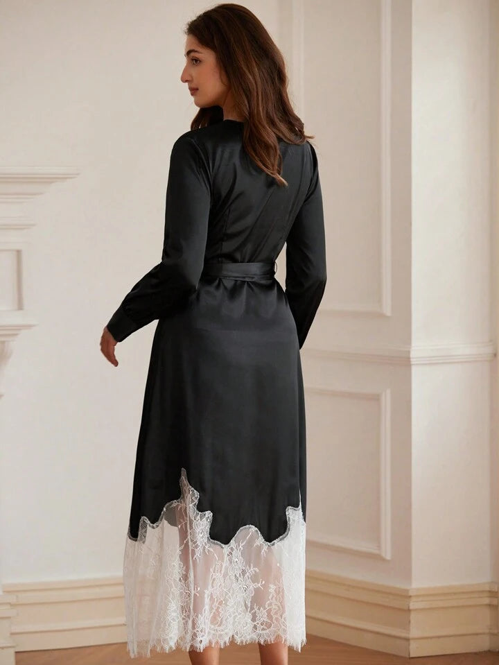 CM-DS235606 Women Elegant Seoul Style V-Neck Button Up Colorblock Lace Trim Long Sleeve Dress - Black