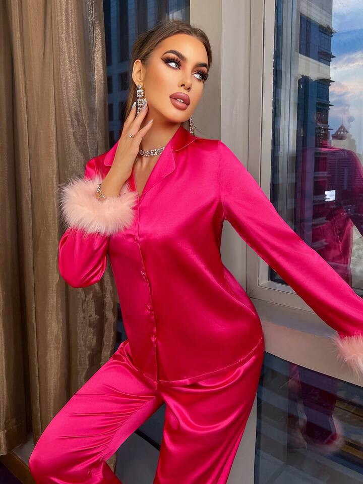 CM-LS881833 Women Trendy Seoul Style Satin Plush Detail Patchwork Pajama Set - Hot Pink