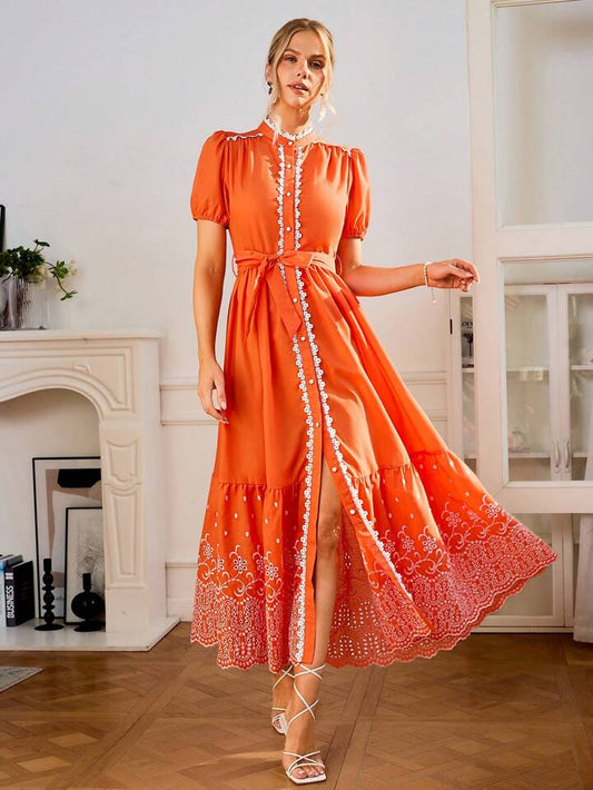CM-DS097140 Women Elegant Seoul Style Stand Collar Puff Sleeve Embroidery Dress - Orange
