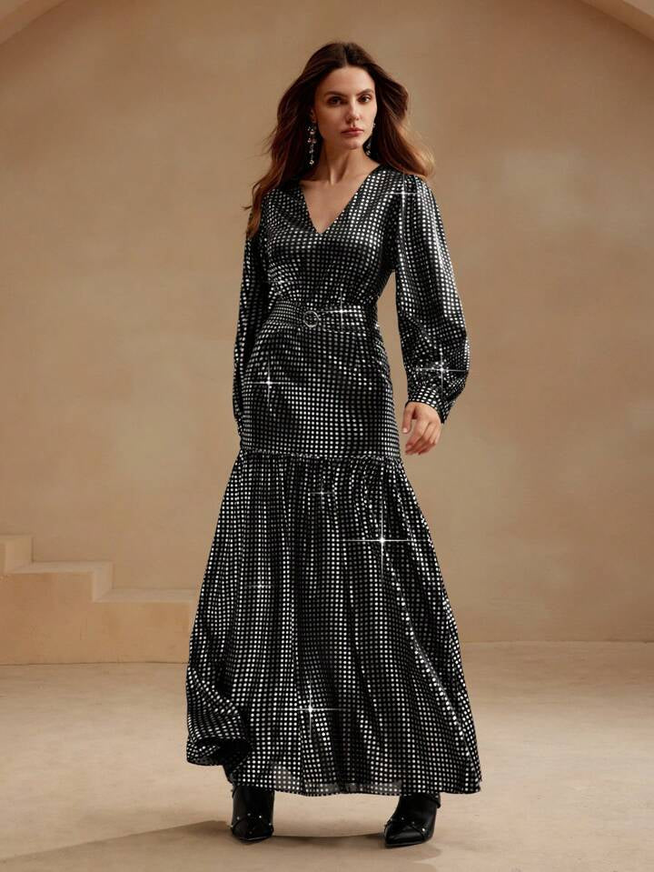 CM-DS106765 Women Elegant European Style V-Neck Long Sleeve High Waist A-Line Maxi Dress - Black