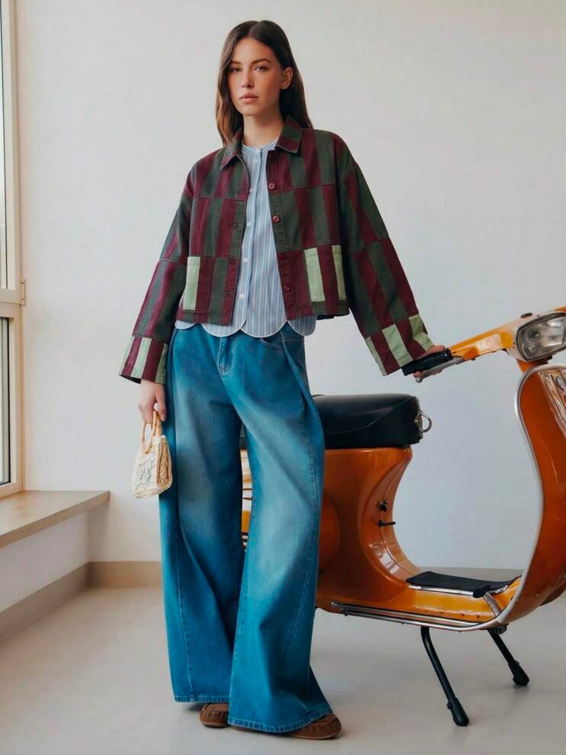CM-CS921182 Women Elegant Seoul Style Collar Neckline Long Sleeve Striped Cropped Jacket