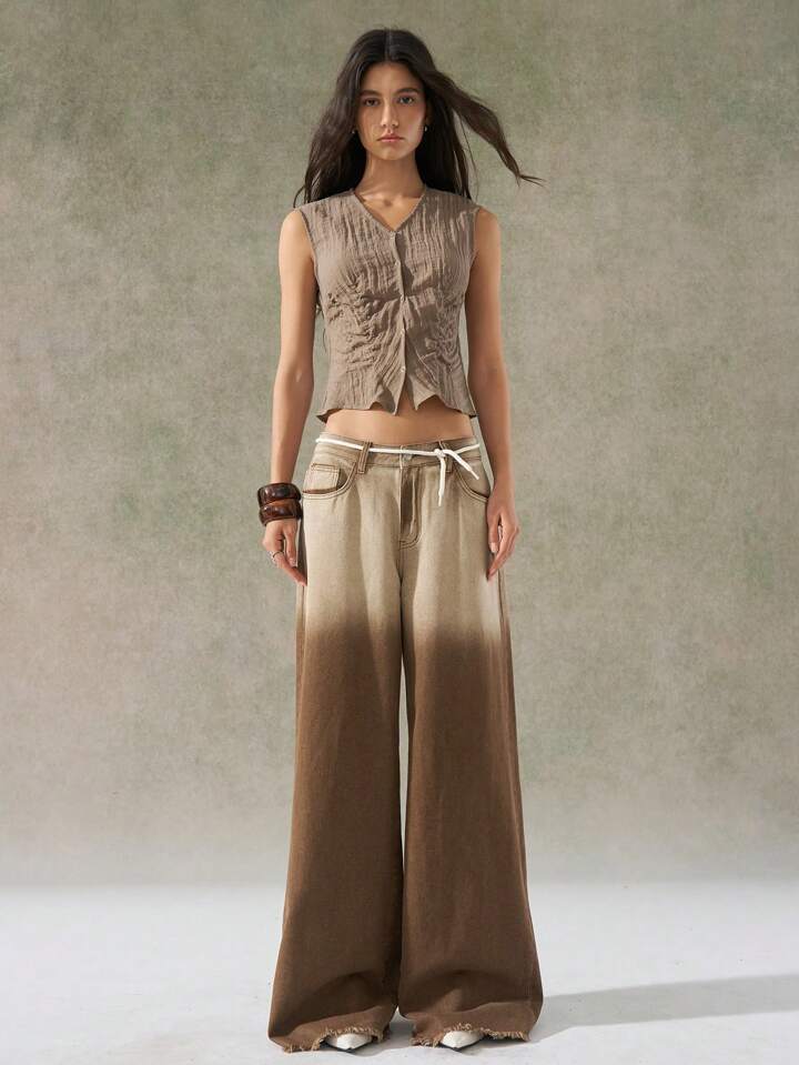 CM-BS097539 Women Casual Seoul Style Washed Ombre Wide Leg Jeans - Coffee Brown