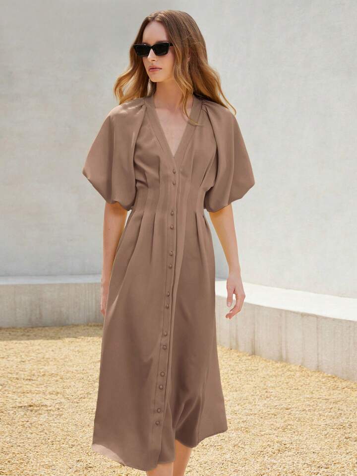 CM-DS400484 Women Elegant Seoul Style Solid Color Chiffon Cinched Waist Puff Sleeve Open Front Long Dress - Coffee