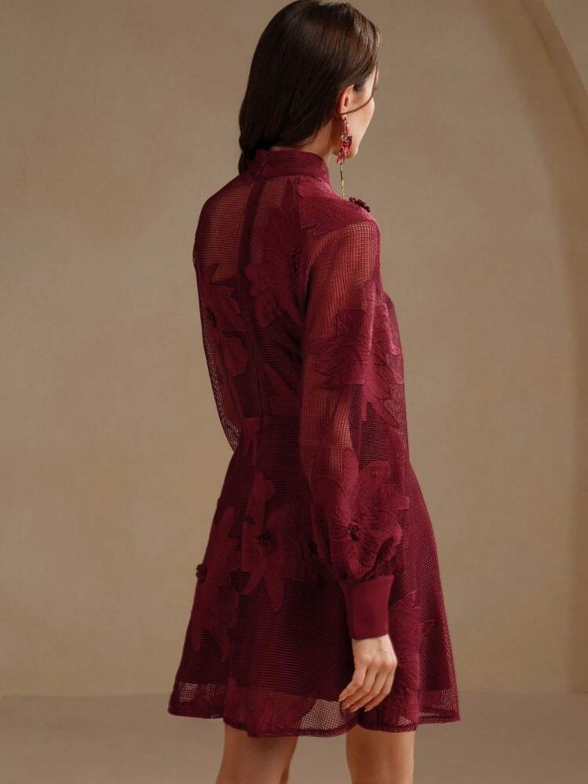 CM-DS494349 Women Elegant Seoul Style Collar Neckline Lace Cinched Waist Lantern Sleeve Dress - Red