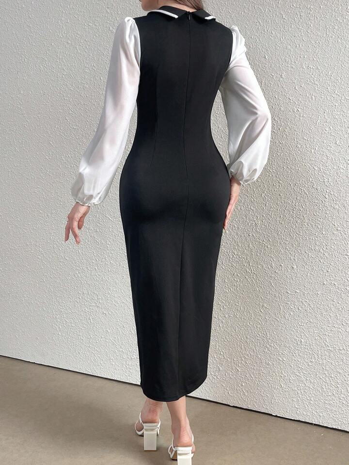 CM-DS666143 Women Elegant Seoul Style Lapel Collar Colorblock Cinched Waist Pencil Dress