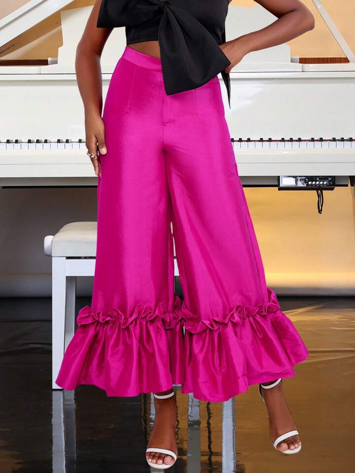 CM-BS639148 Women Elegant Seoul Style Bell Bottom Ruffle Trim Wide Leg Pants - Hot Pink