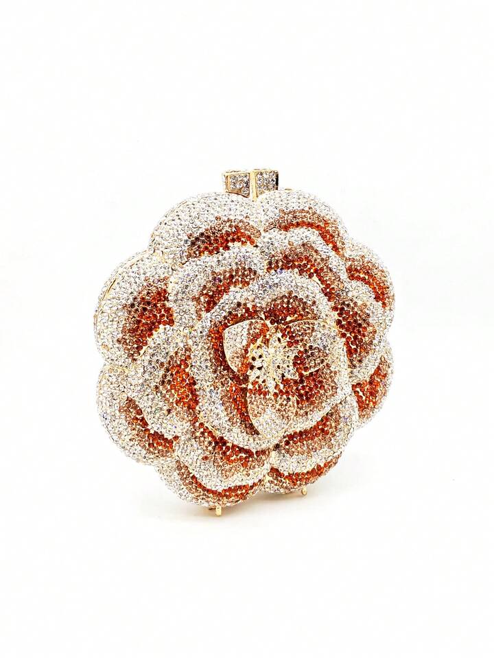 CM-BGS056004 Women Elegant Seoul Style Floral Design Rhinestone Crystal Handmade Clutch Bag - Gold