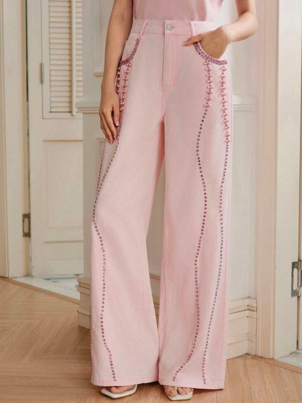 CM-BS535860 Women Elegant Seoul Style Mid Waist Beaded Rhinestone Straight Leg Jeans - Pink