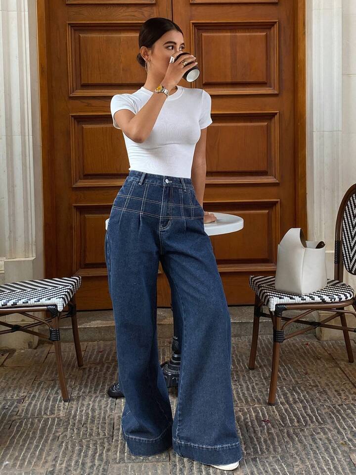 CM-BS285981 Women Casual Seoul Style Dark Wash Loose Wide Leg Denim Jeans