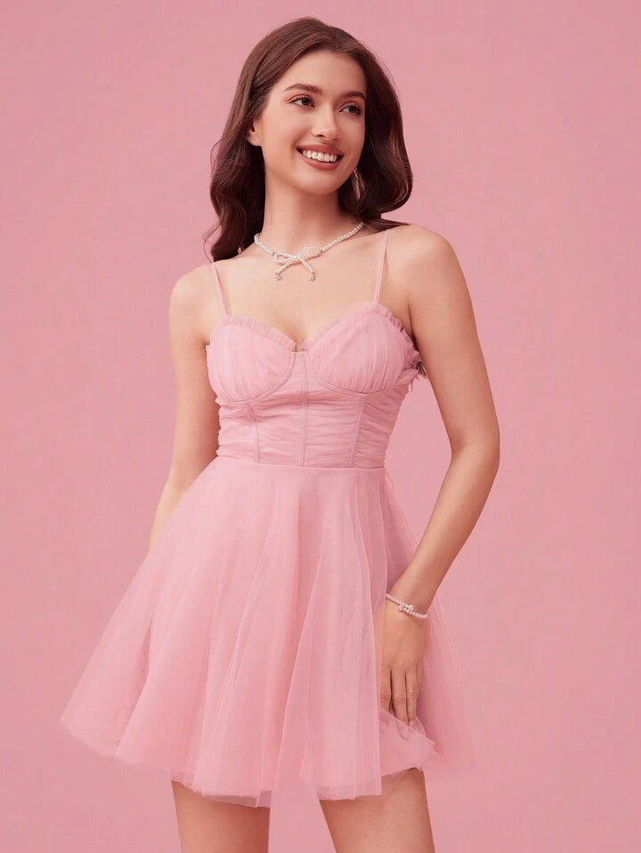CM-DS288980 Women Elegant Seoul Style Ruffled Pleated Cross-Tied Mesh Mini Dress - Pink