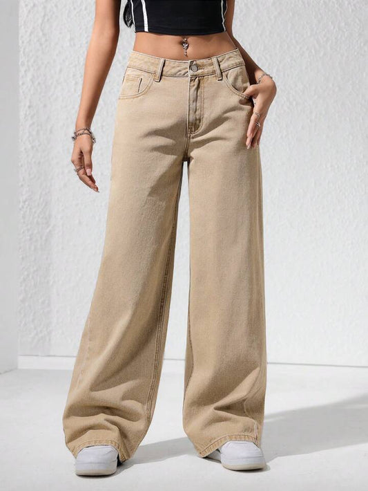 CM-BS774230 Women Casual Seoul Style Drop Waist Loose Straight Leg Jeans - Apricot