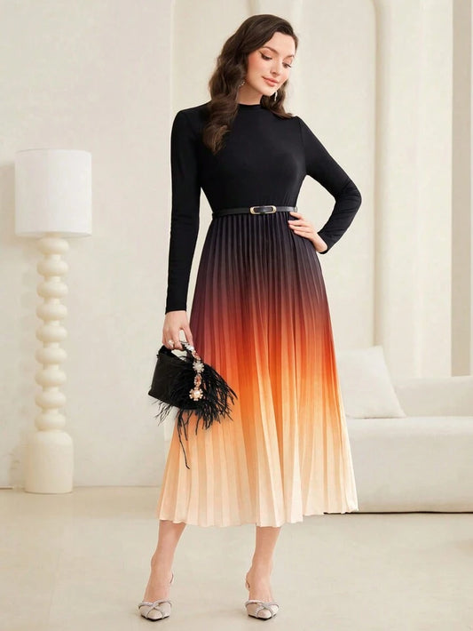 CM-DS739929 Women Elegant Seoul Style Stand Collar Gradient Ruffle Hem Midi Dress