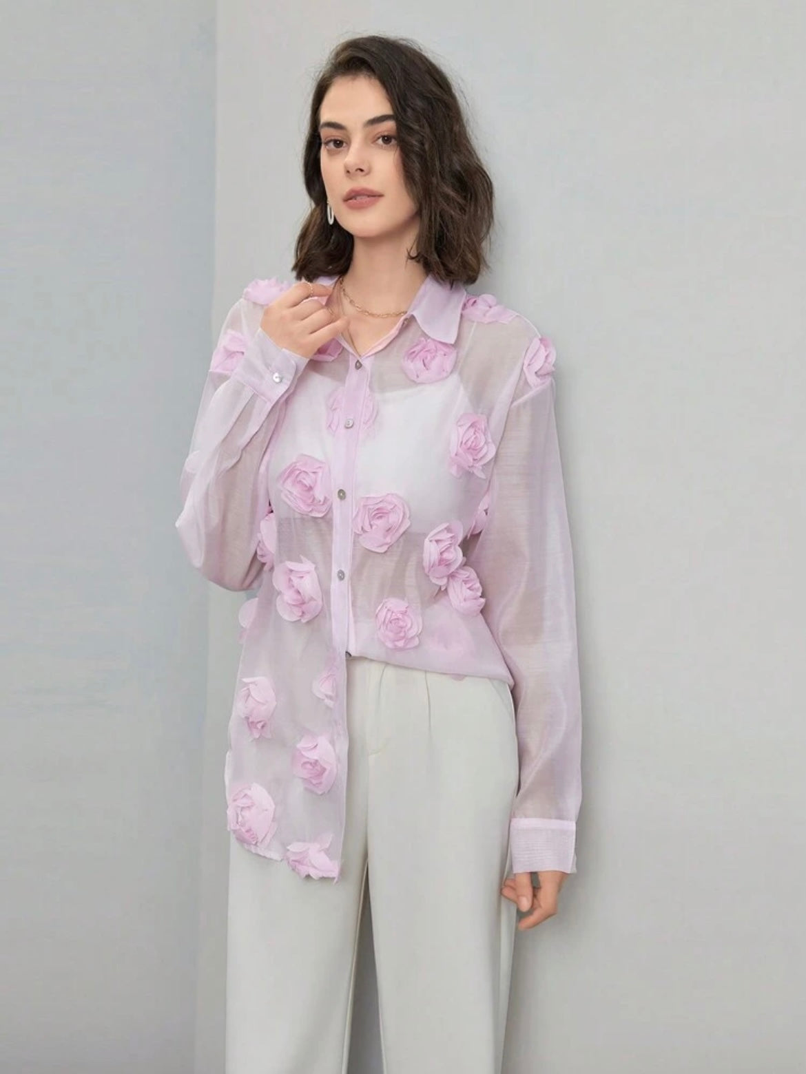 CM-TS896623 Women Elegant Seoul Style 3D Floral Long Sleeve Sheer Mesh Blouse - Baby Pink