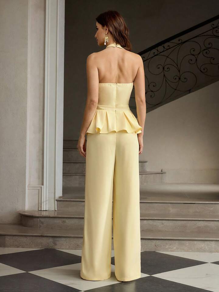 CM-JS319891 Women Elegant Seoul Style Beaded Halter Neckline Sleeveless Wide Leg Jumpsuit - Light Yellow