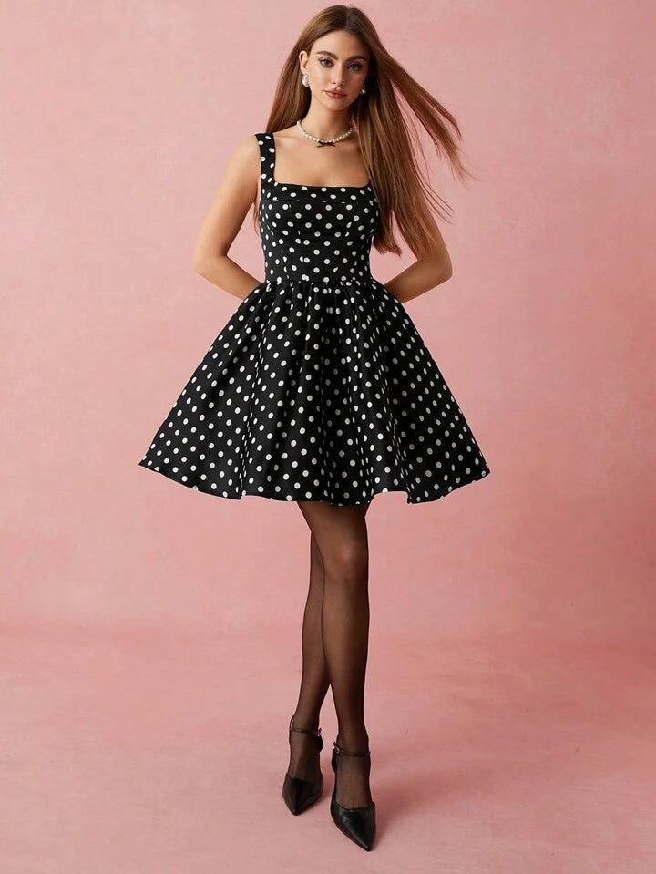 CM-DS780795 Women Elegant Seoul Style Polka Dot Print Waist Cinched Sleeveless Mini Dress - Black