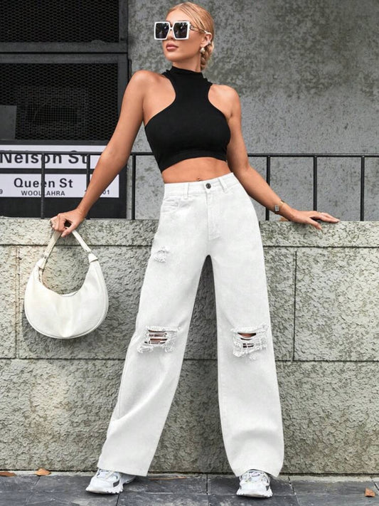 CM-BS488747 Women Casual Seoul Style High Waist Distressed Wide Leg Loose Denim Jeans - White