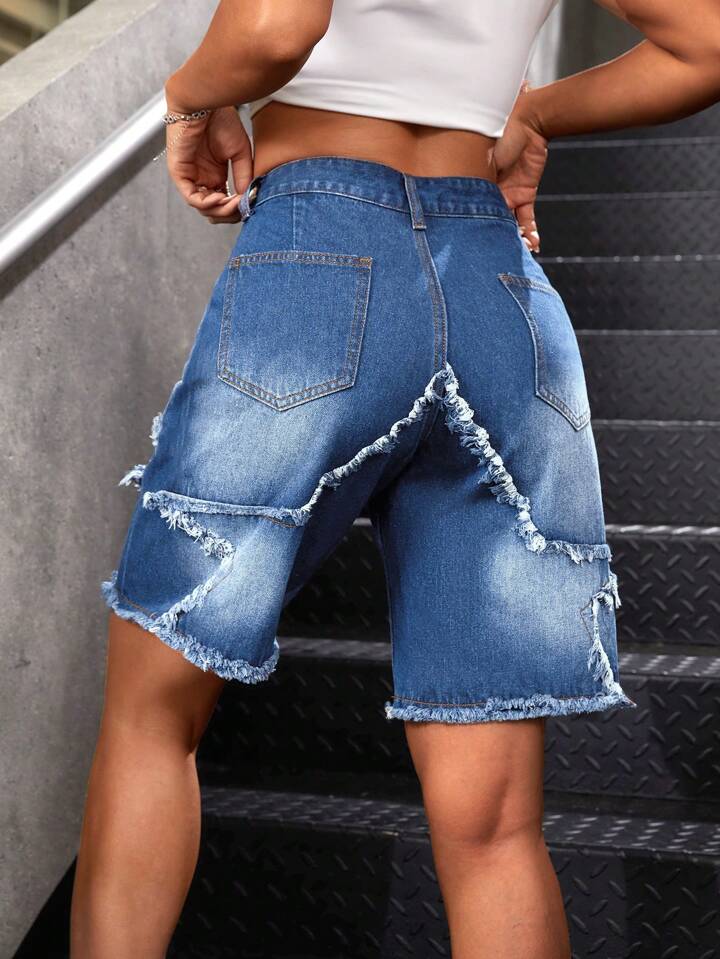 CM-BS458556 Women Casual Seoul Style Medium Wash Patchwork Frayed Hem Bermuda Denim Shorts