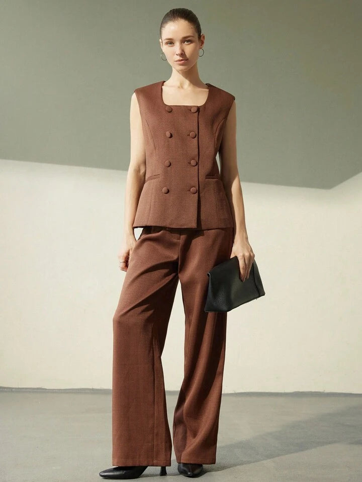 CM-SS840745 Women Elegant Seoul Style Square Neck Sleeveless Double-Breasted Pocket Decor Button Vest With Pants - Set