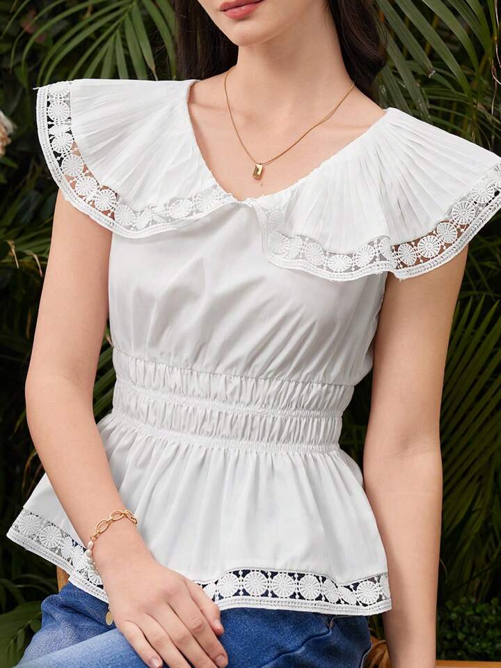 CM-TS505005 Women Casual Seoul Style Lace Patchwork Doll Collar Sleeveless Blouse - White