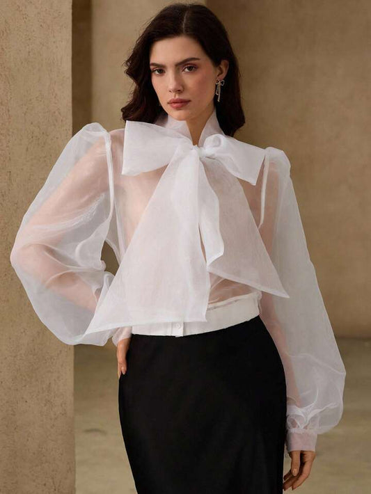CM-TS713635 Women Elegant Seoul Style Tie Neck Puff Sleeve Organza Sheer Bowknot Blouse - White